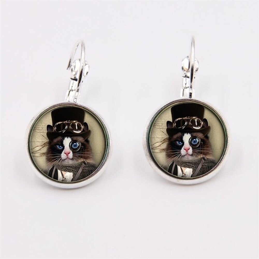 Steampunk Cat in Hat Glass Cabochon Silver Plated Handmade Leverback Earrings